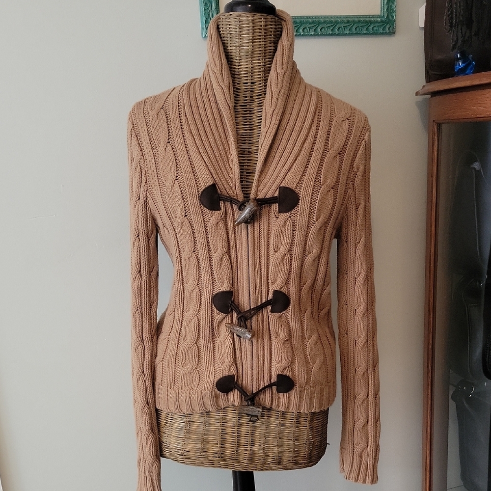 Lauren Jeans Co. Toggle Fishermans Cable Knit Cotton Full Zip Sweater szL BinS